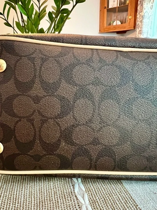 🤎Coach Signature Brown Canvas Tote Tan Leather Trim Shoulder Bag Zip Top - Picture 6 of 16